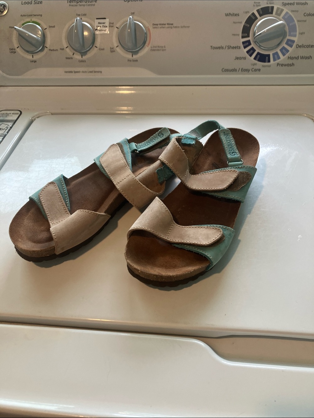 Sabatini Calzature 927 Tortora Jeans sandals beige and teal leather size 37 /6.5